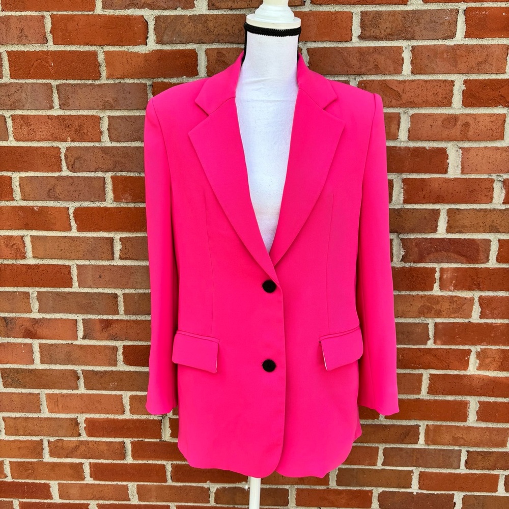 Zara Bright Hot Pink Oversized Double Button V Neck Blazer Womens Small